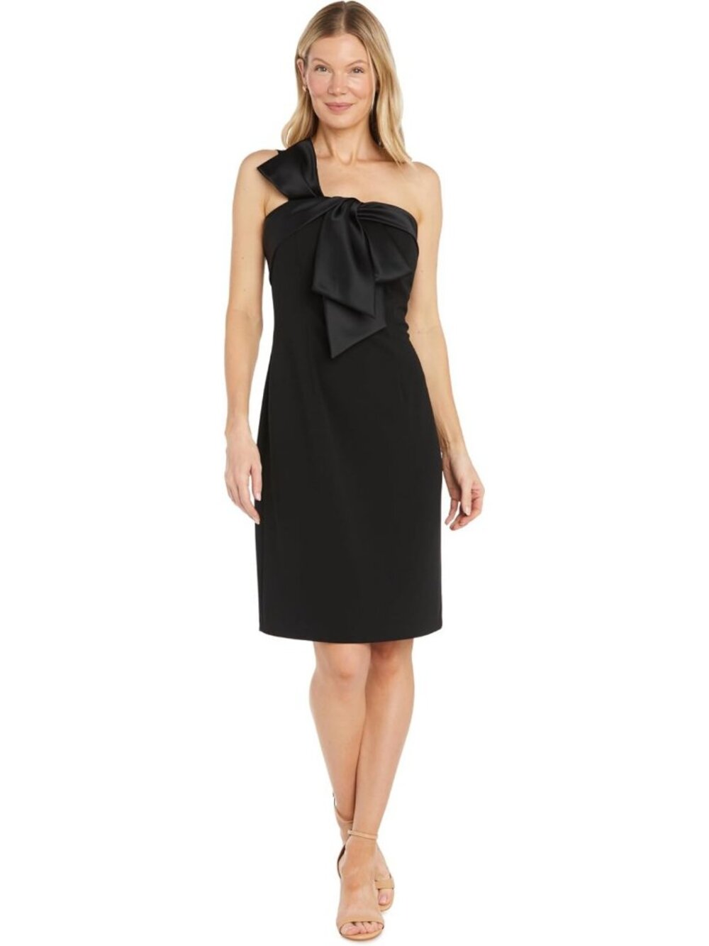 Elegant One Shoulder Knee Length Dress with Satin Bow - Cocktail & Evening Style